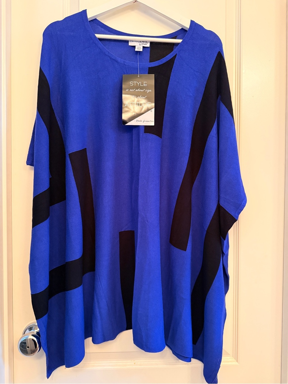 Attitudes by Renee Royal Blue and Black Geometric Poncho Sweater